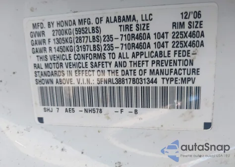 2007 Honda Odyssey Touring z USA, uszkodzony, nr VIN 5FNRL38817B031344